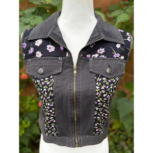 Carol Little Sport Petites Gray Black Denim Women’s Lavender Floral Vest Size S